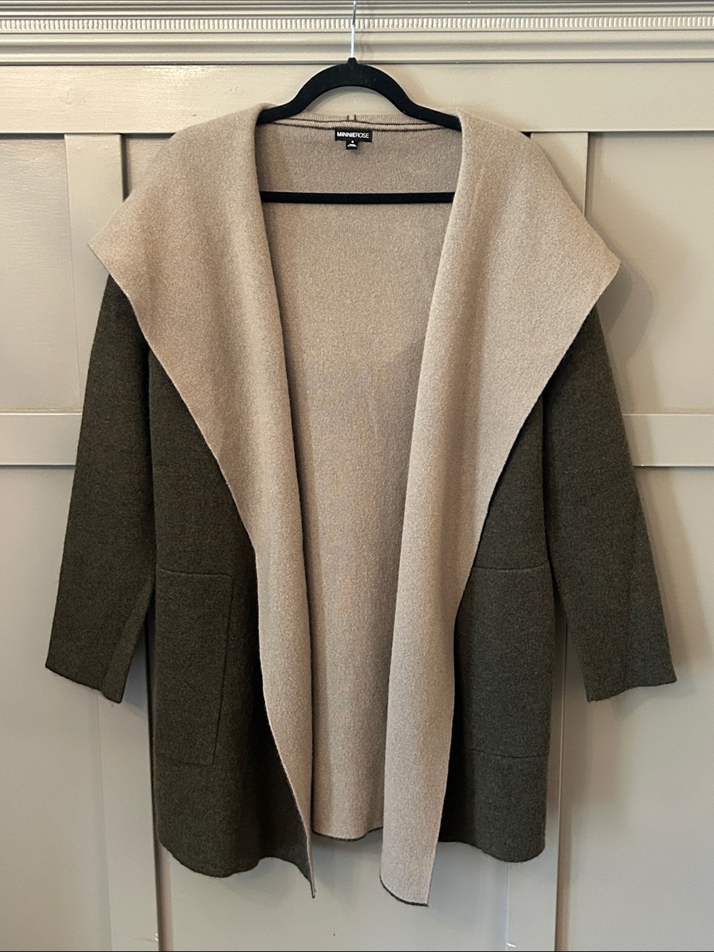 Minnie Rose Cashmere Hooded Double Faced Coat Cardigan Olive Green Tan Small